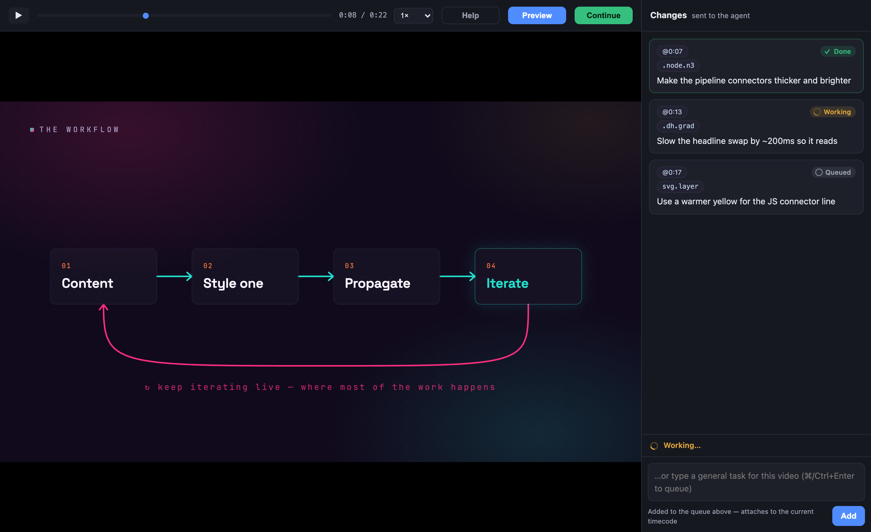The NextGen Slides video editor: a motion-graphics timeline with a scrubber and comments anchored to timecodes